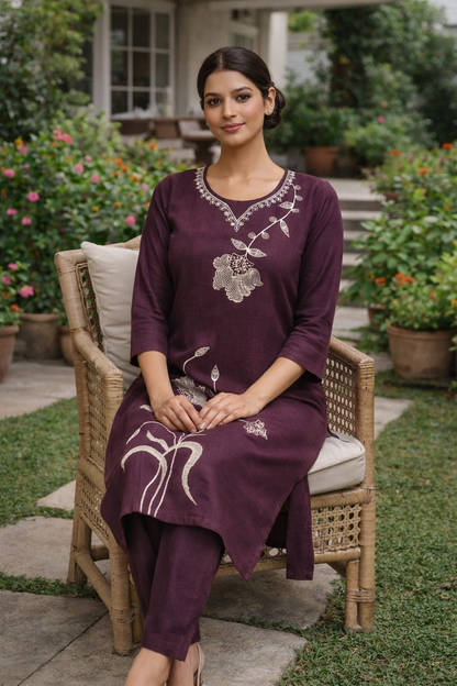 Wine Purple Co-Ord Set for Women – Minimal Plain Work Outfit