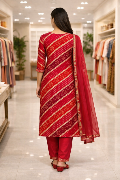 Rani Pink Bandhani Embroidered Rayon Kurta Set for Women with Dupatta