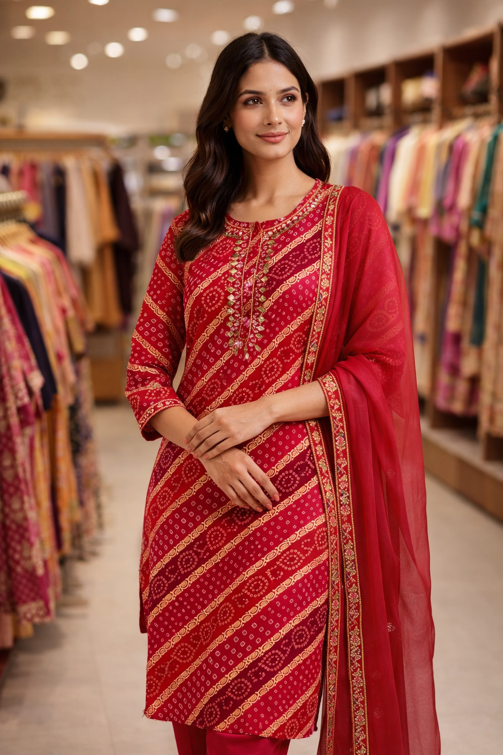 Rani Pink Bandhani Embroidered Rayon Kurta Set for Women with Dupatta