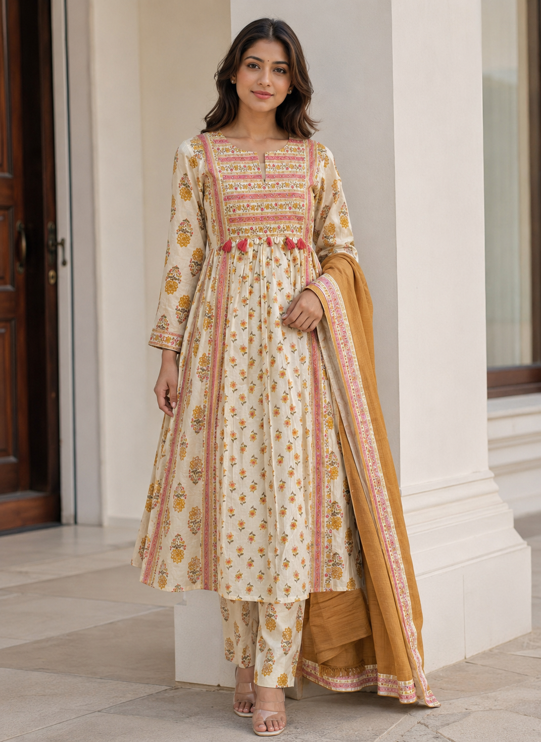 Ivory Floral Printed A-Line Kurta Set with Dupatta & Pant