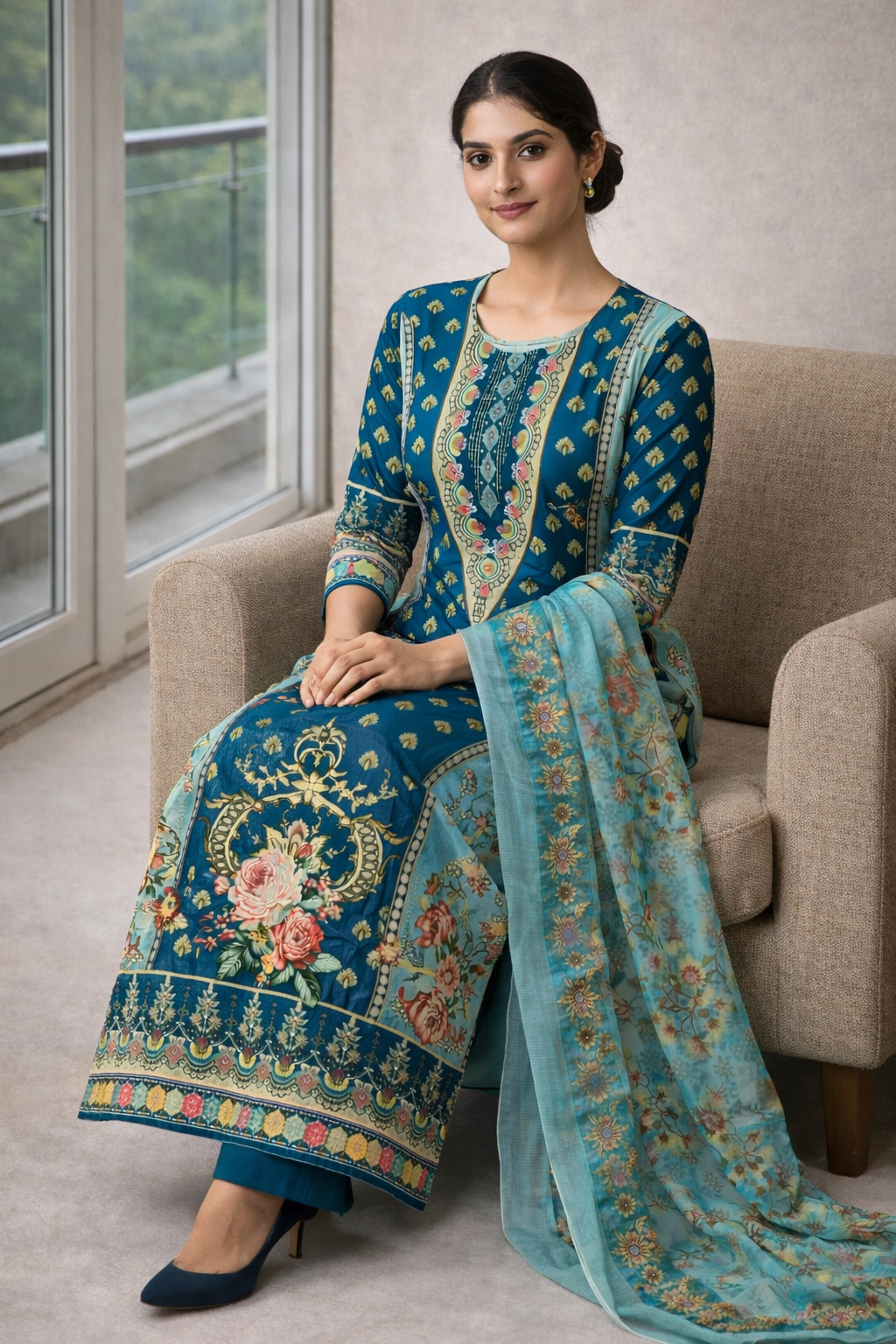 Digital Print Straight Kurti Set for Women with Handwork