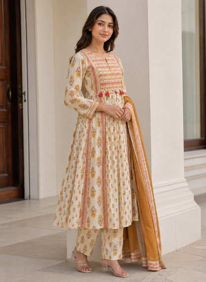 Ivory Floral Printed A-Line Kurta Set with Dupatta & Pant
