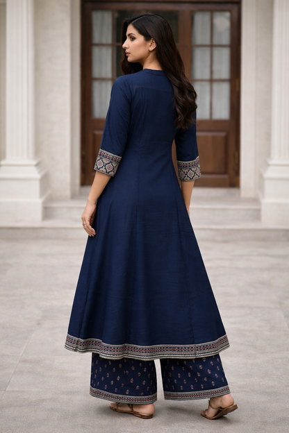Navy Blue Cotton Anarkali Set for Women – Embroidered Ethnic Wear