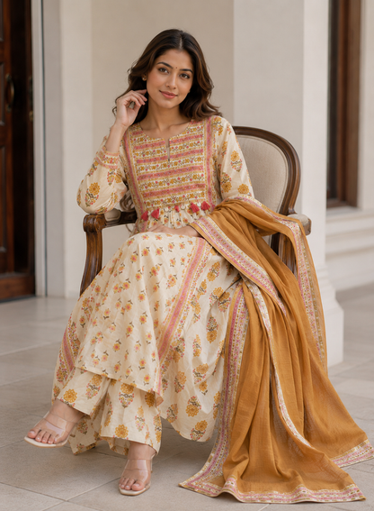 Ivory Floral Printed A-Line Kurta Set with Dupatta & Pant