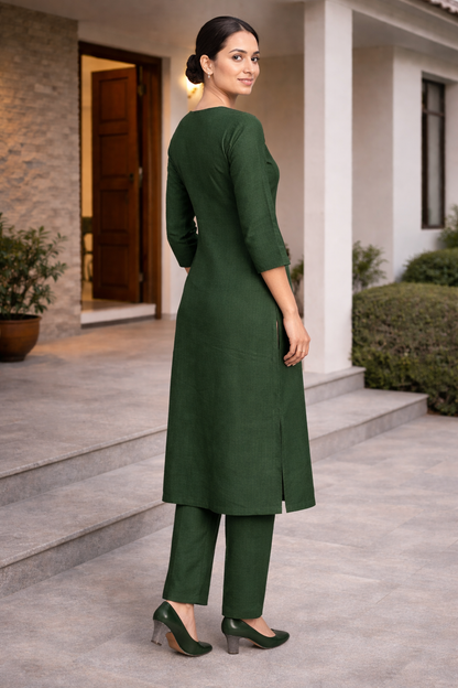 Emerald Green Co-Ord Set for Women – Minimal Plain Work Outfit