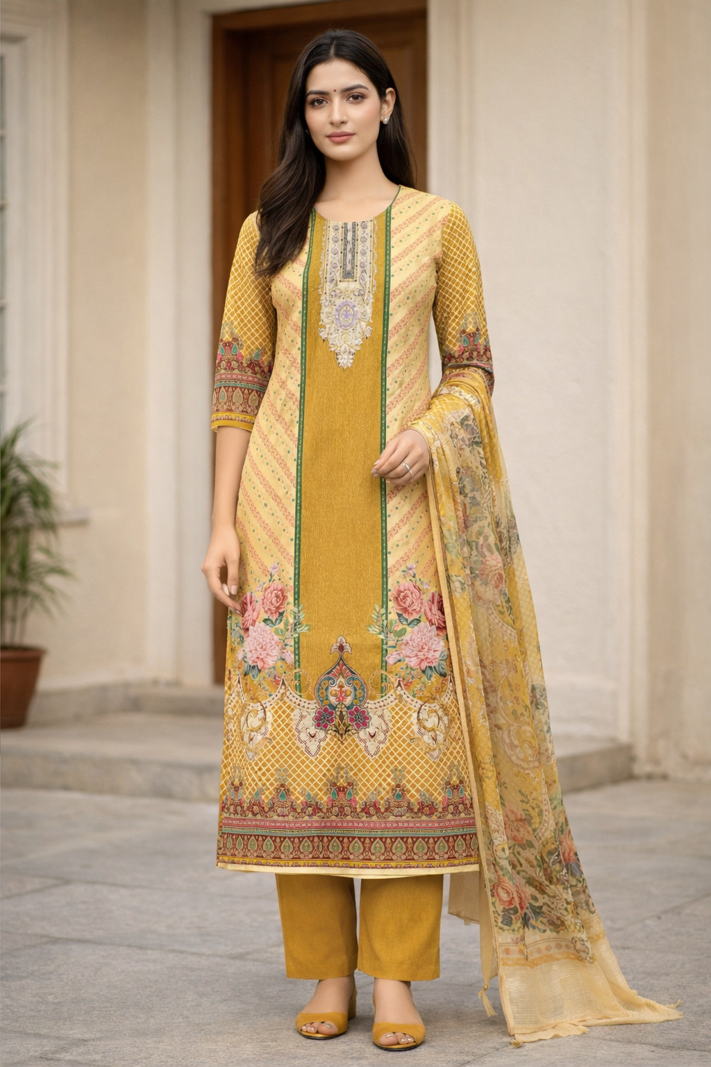 Mustard Yellow Digital Print Straight Kurti Set for Women with Dupatta