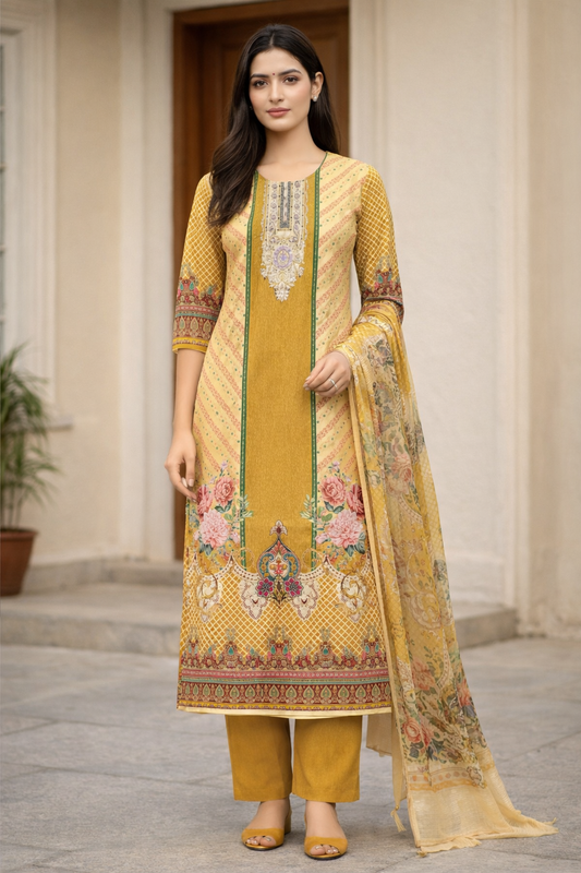 Mustard Yellow Digital Print Straight Kurti Set for Women with Dupatta