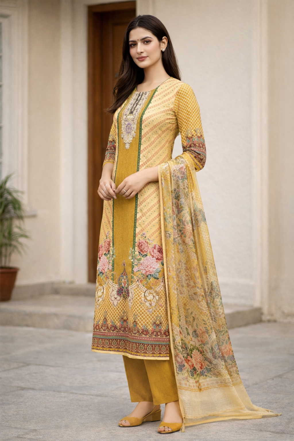 Mustard Yellow Digital Print Straight Kurti Set for Women with Dupatta