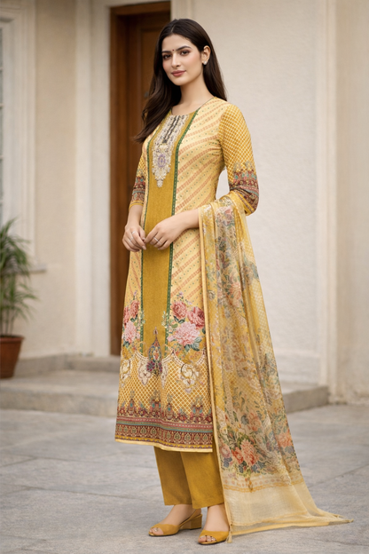 Mustard Yellow Digital Print Straight Kurti Set for Women with Dupatta