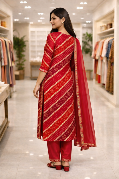 Rani Pink Bandhani Embroidered Rayon Kurta Set for Women with Dupatta